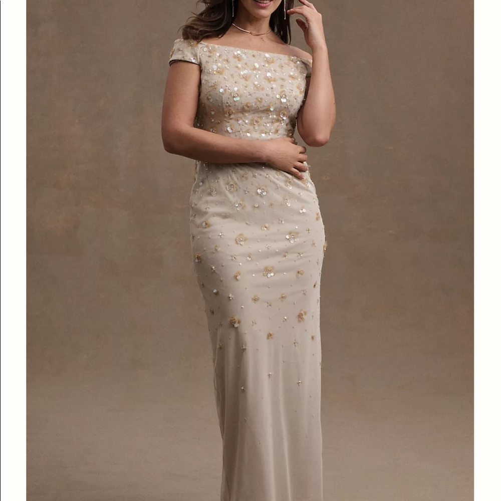 Mother of the Bride dress! BHLDN Rosie Off-Shoulder Beaded Back-Slit Column Gown